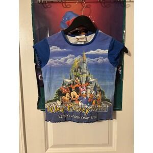 Walt Disney World Vintage Characters Baby Tee Blue Lettuce Edge Shirt Medium